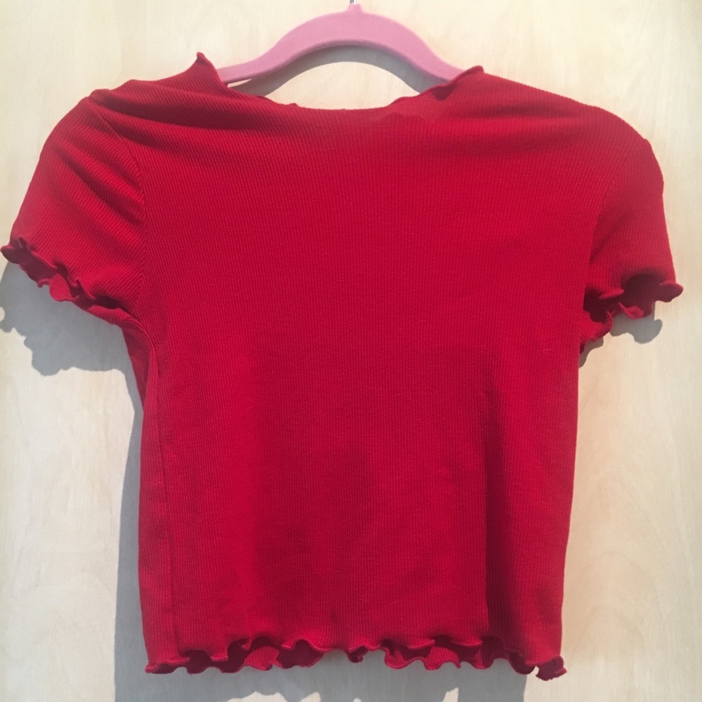 Red Tillys crop top with ruffled sleeves